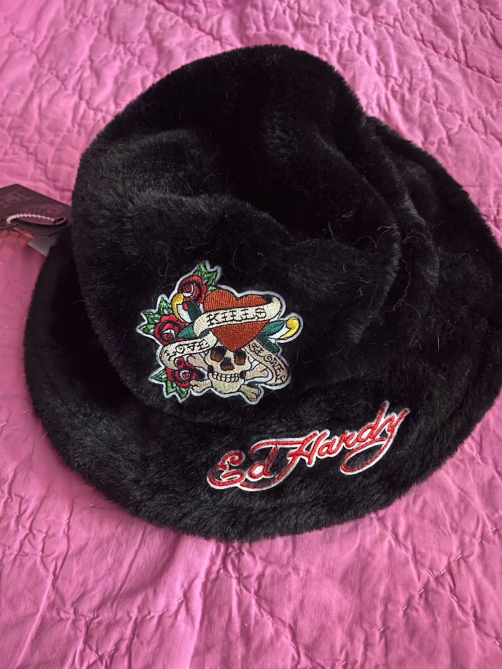 Ed Hardy Black Faux Fur Bucket Hat with Multicolor Skull Patch